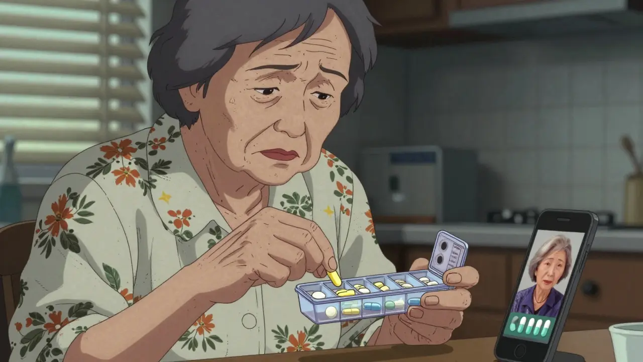 An elderly woman hesitates over mismatched pills in her organizer, a photo of the original pill on her phone.