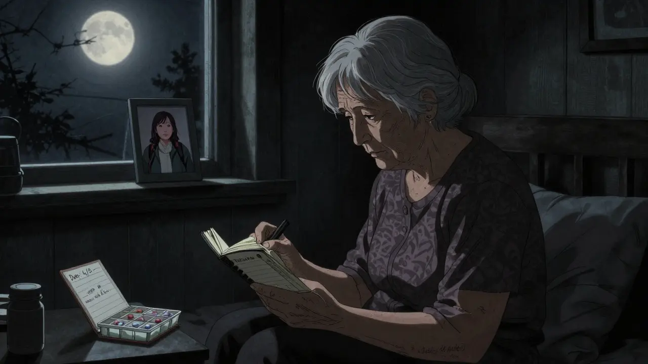An elderly woman journaling her medication side effects at night, moonlight casting shadows on her pill organizer.