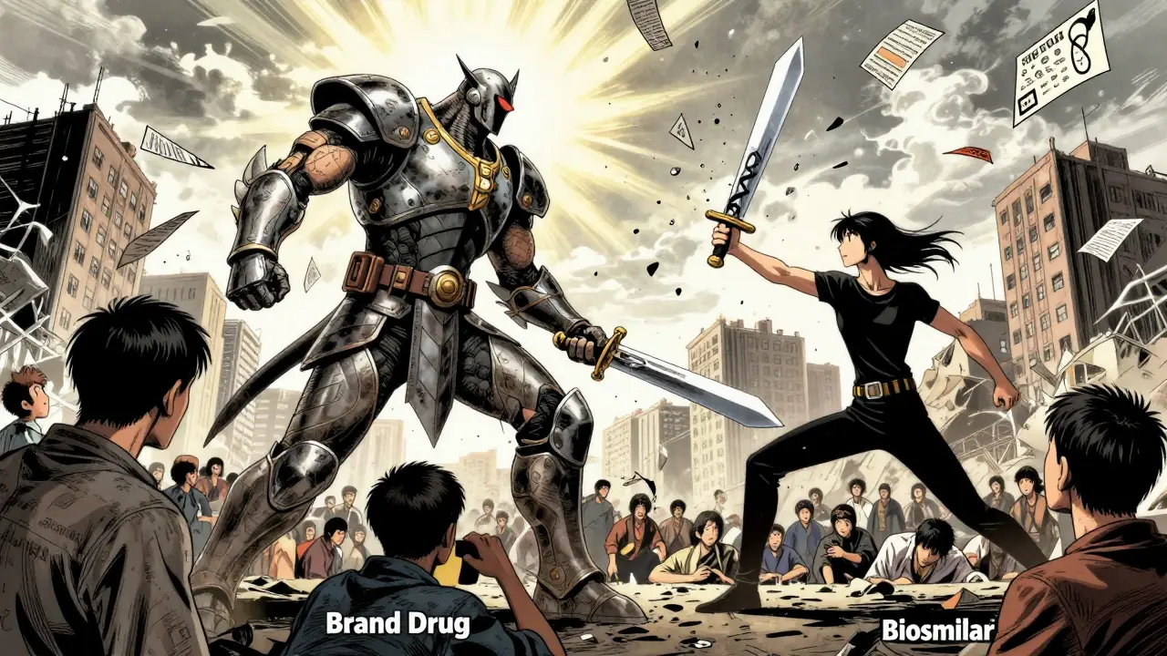 Biosimilar warrior battling a brand drug titan amid falling price tags, symbolizing healthcare affordability.