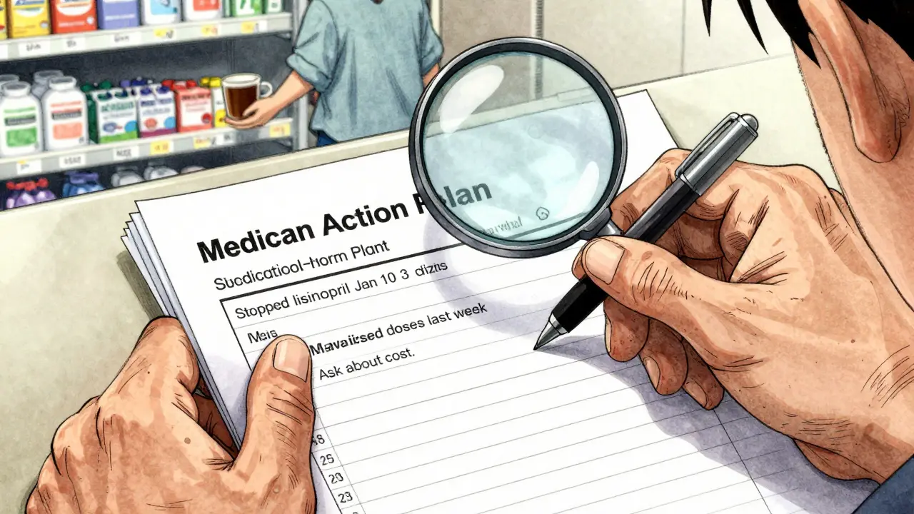 Close-up of a hand writing detailed notes on a laminated medication action plan with magnifying glass.