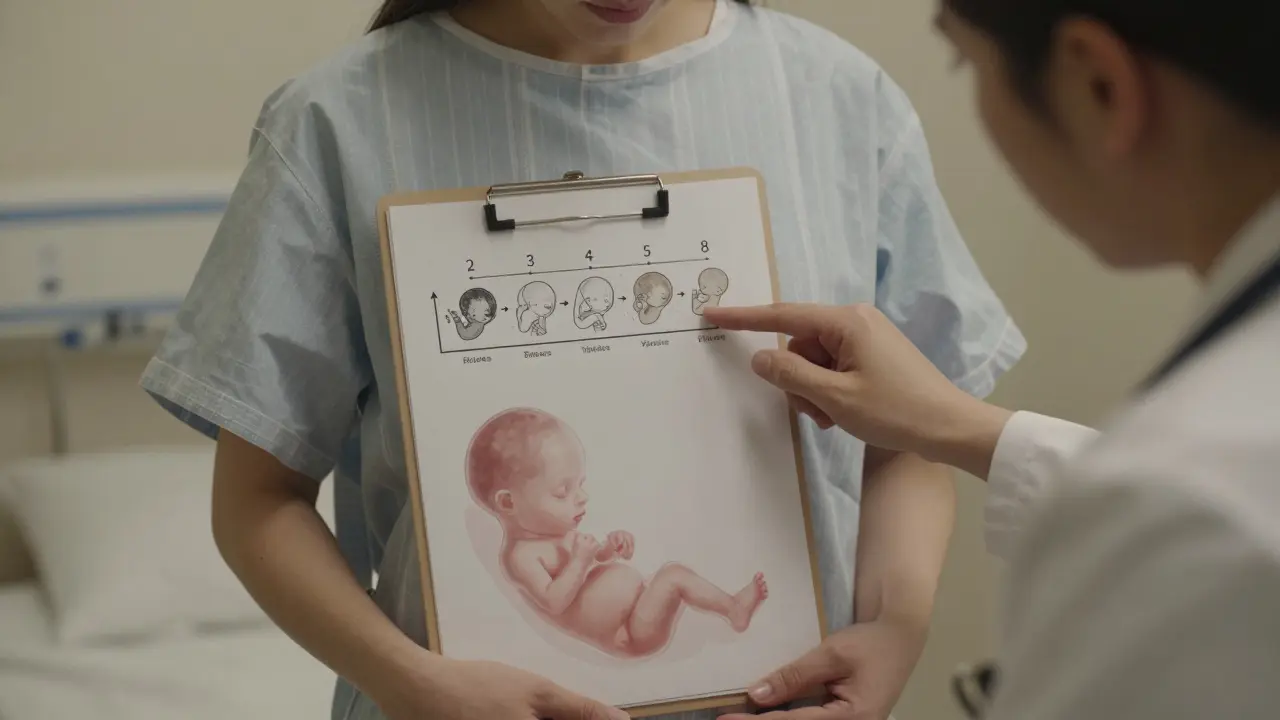 Doctor and patient examining fetal development timeline in hospital.