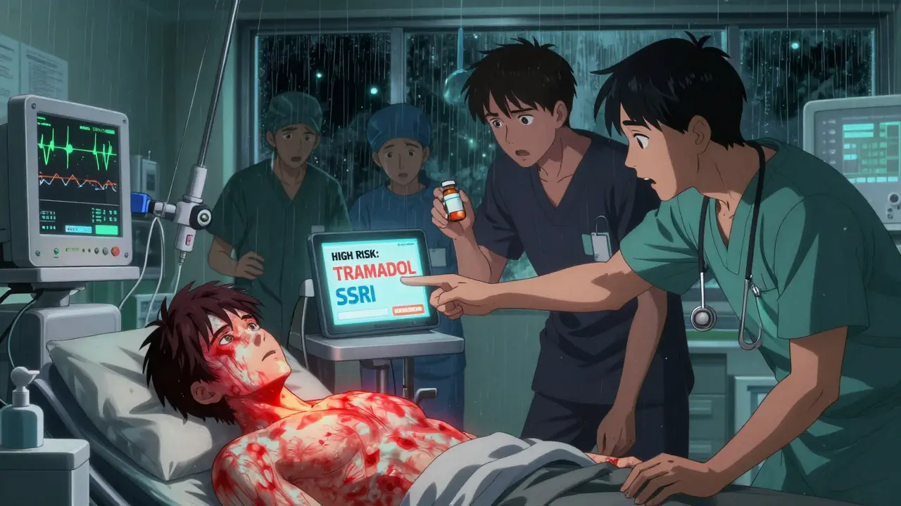 Emergency room staff treating a patient with serotonin syndrome, monitors flashing, doctor holding antidote.