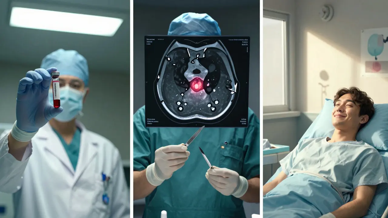 Endocrinologist with blood vial, surgeon with scalpel beside large tumor scan, patient smiling after surgery.