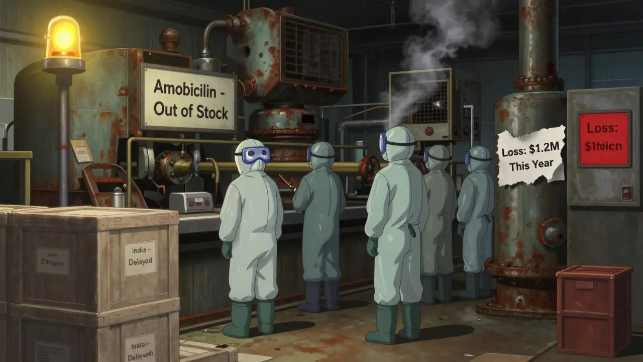 Factory workers facing a halted amoxicillin production line with damaged crates and warning signs.