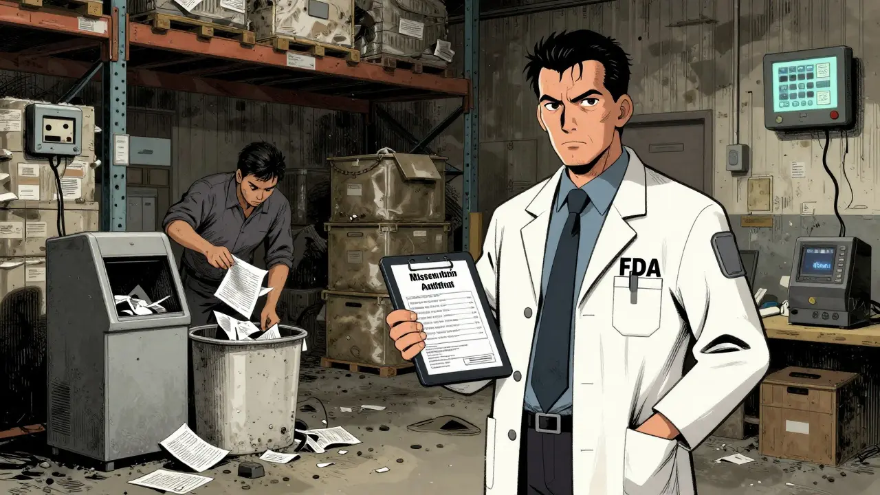FDA inspector confronts worker shredding records in a dim warehouse with broken equipment nearby.