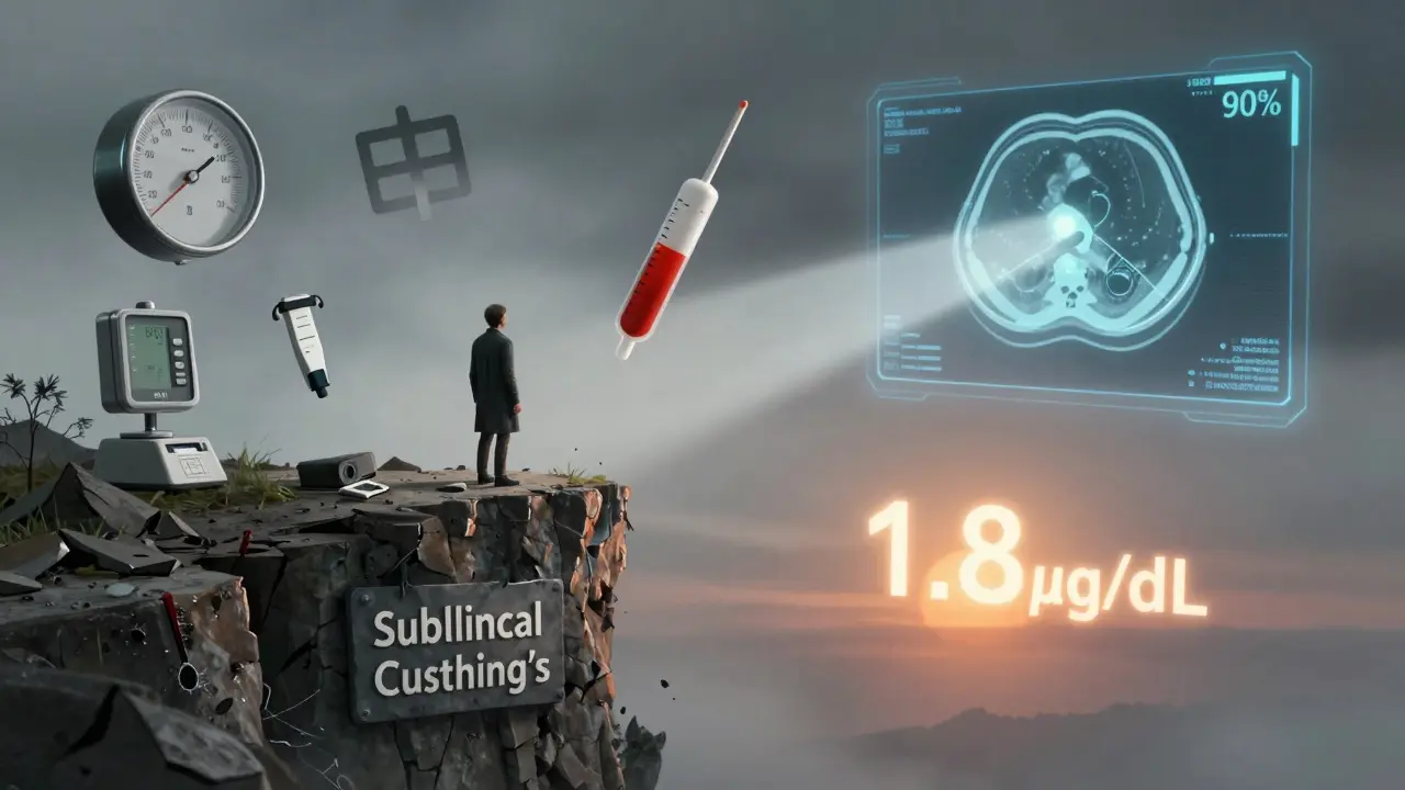 Figure on cliff of subclinical Cushing’s surrounded by floating health symbols, AI scanning CT scan in background.