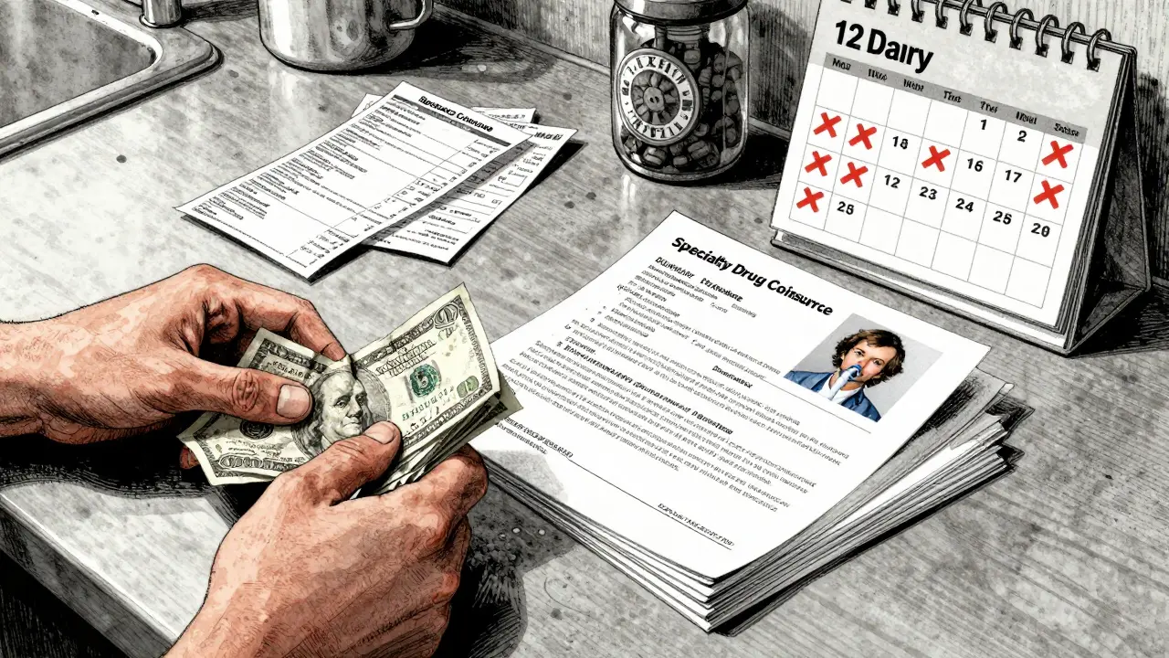 Hands counting money beside medical bills and a calendar marked with monthly payments in dark, emotional Gekiga style.