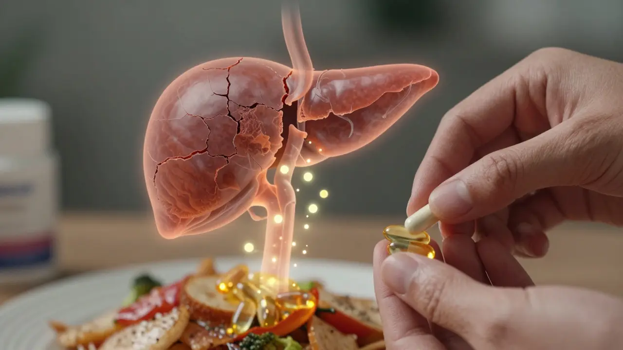 Hands placing enzyme capsules beside food, with glowing particles rising toward a damaged pancreas silhouette.