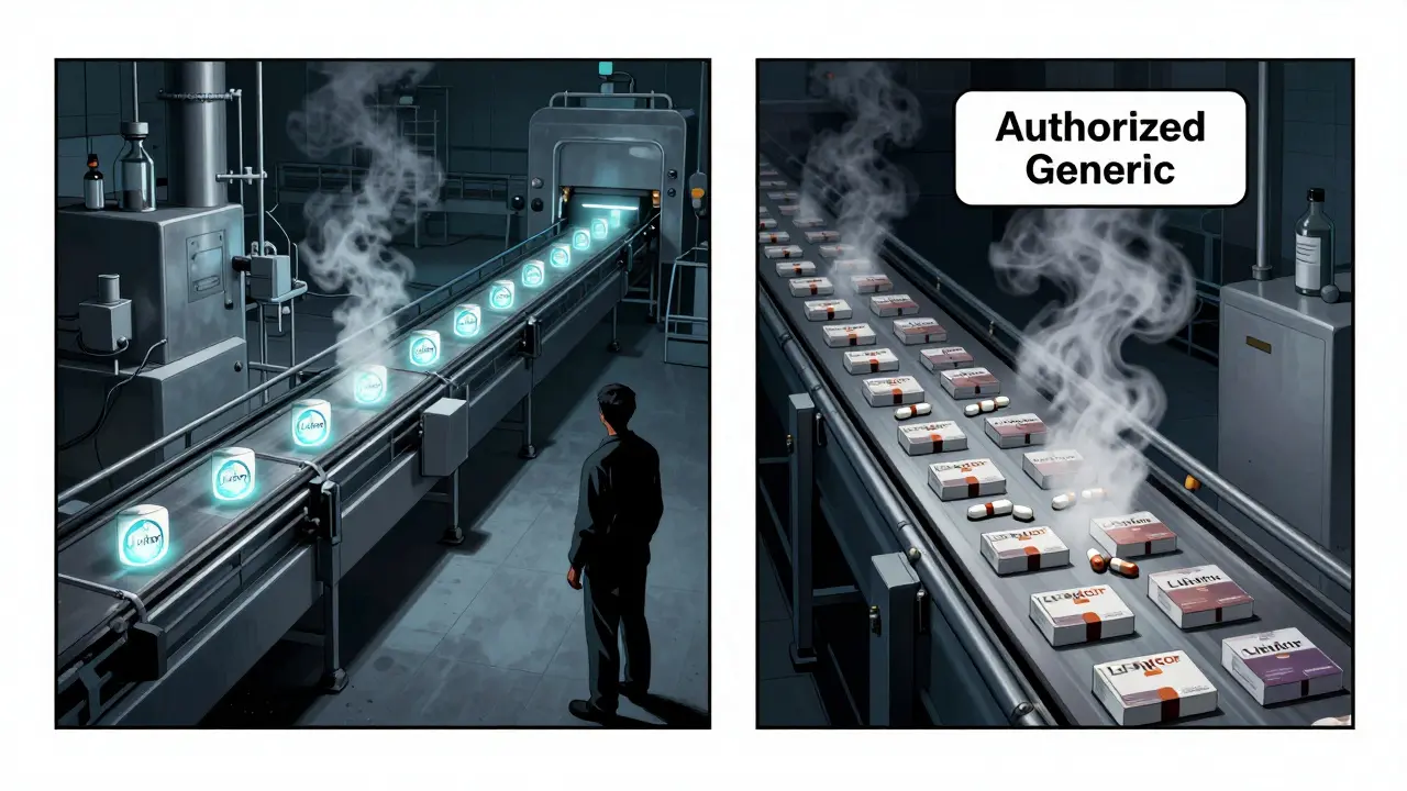 Parallel production lines in a pharmaceutical factory, one with brand logos, one without.