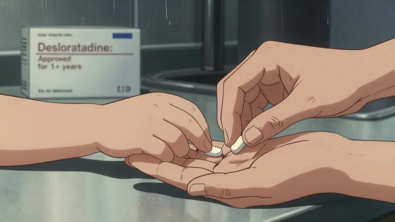 Parent giving desloratadine pill to a toddler, rainy window in background, medical approval implied visually.