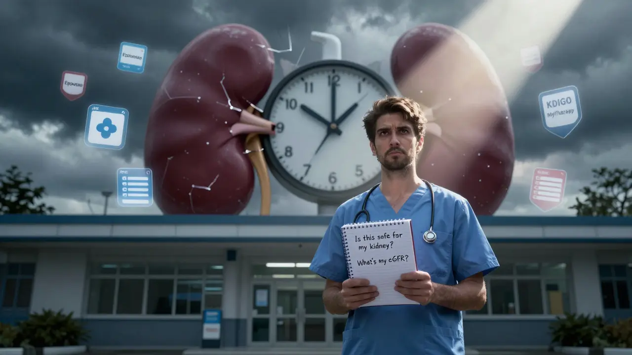 Patient at hospital entrance with notebook asking kidney safety questions, glowing apps and checklist above.