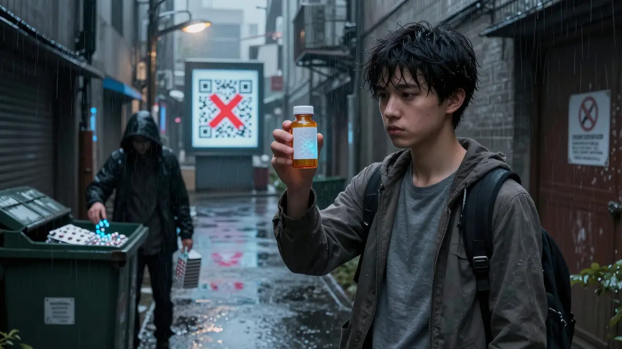 Patient checks medicine under streetlamp in rainy alley, UV pattern visible, fake pills in dumpster behind.