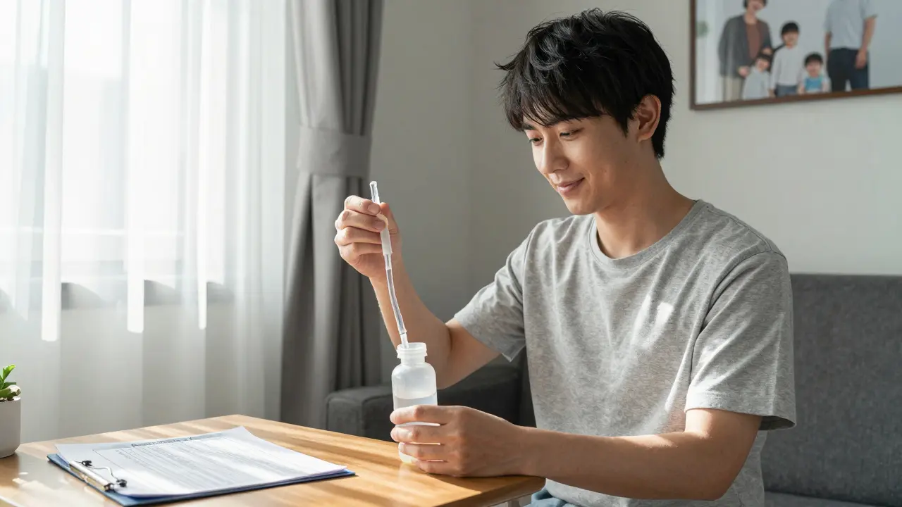 Patient draining pleural fluid at home with sunlight, smiling, family photo on wall, indwelling catheter visible.