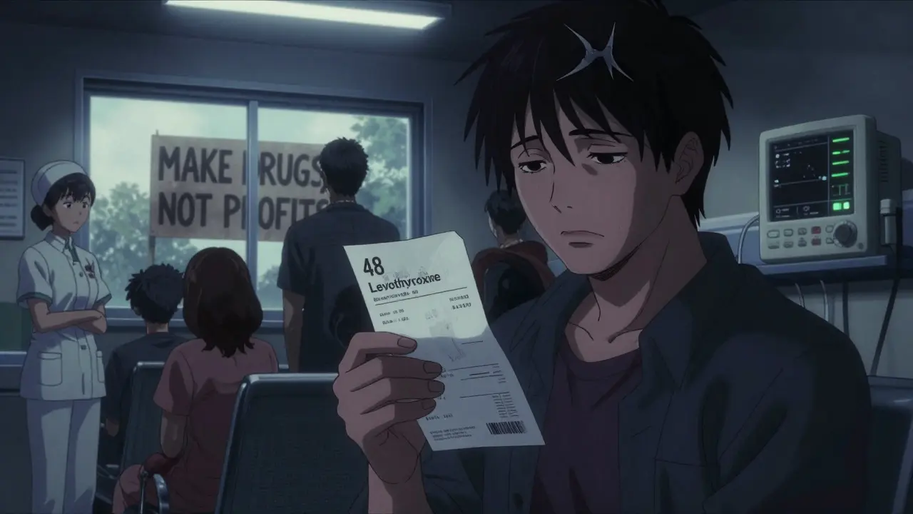 Patient holding expensive levothyroxine receipt in a crowded ER, looking exhausted.