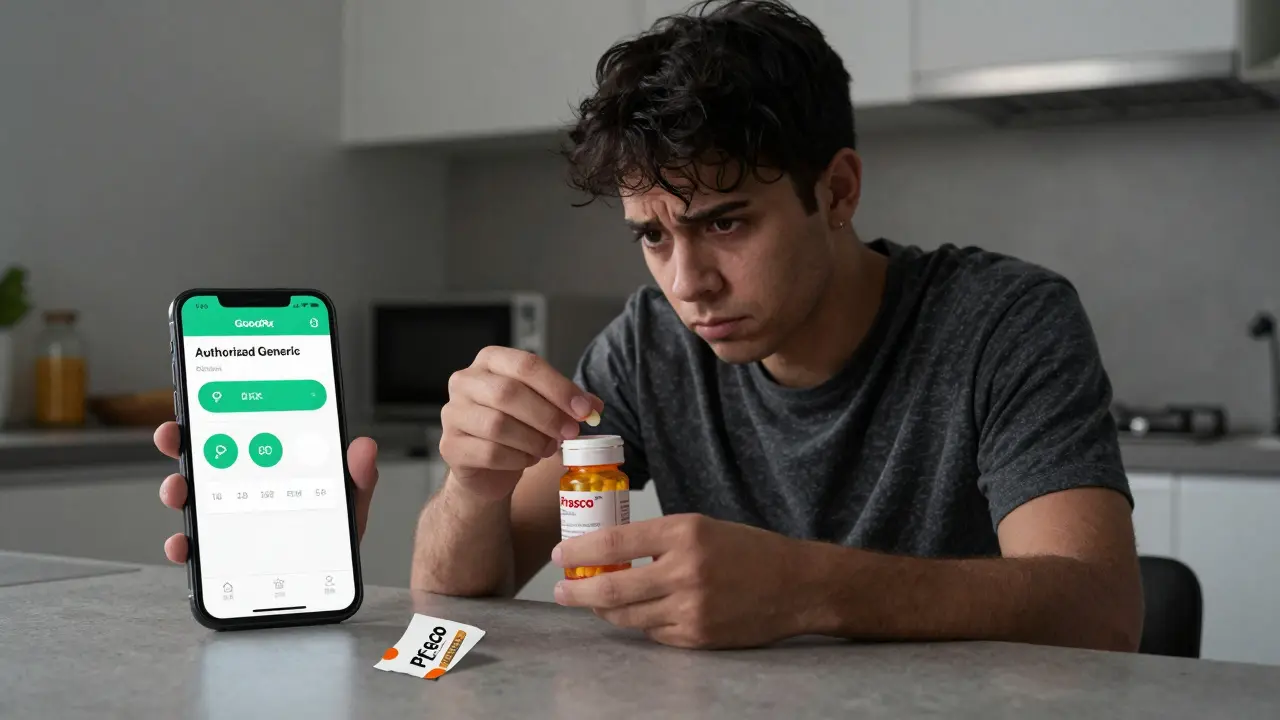 Patient staring at pill bottle with unfamiliar manufacturer name in quiet kitchen.