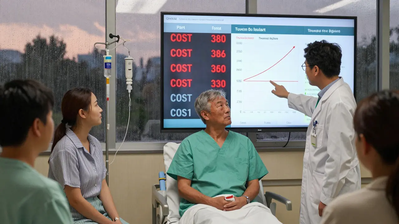 Patients receiving biosimilar infusions in a hospital ward, with cost savings data displayed on a screen.