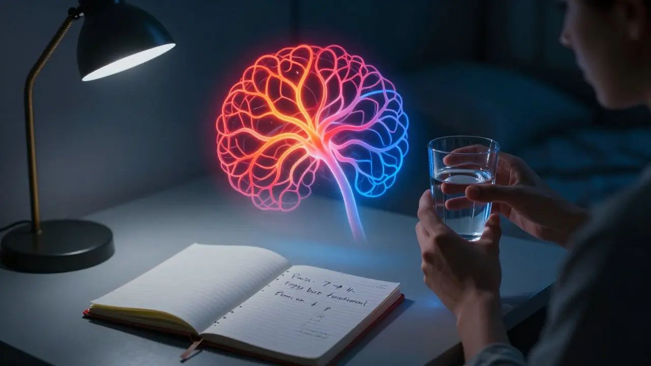 Person taking medication at night with neural pathway visualization and pain log visible on nightstand.