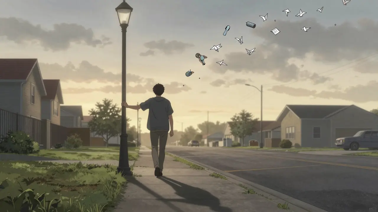 Person walking at dawn surrounded by floating symbols of daily self-management habits.
