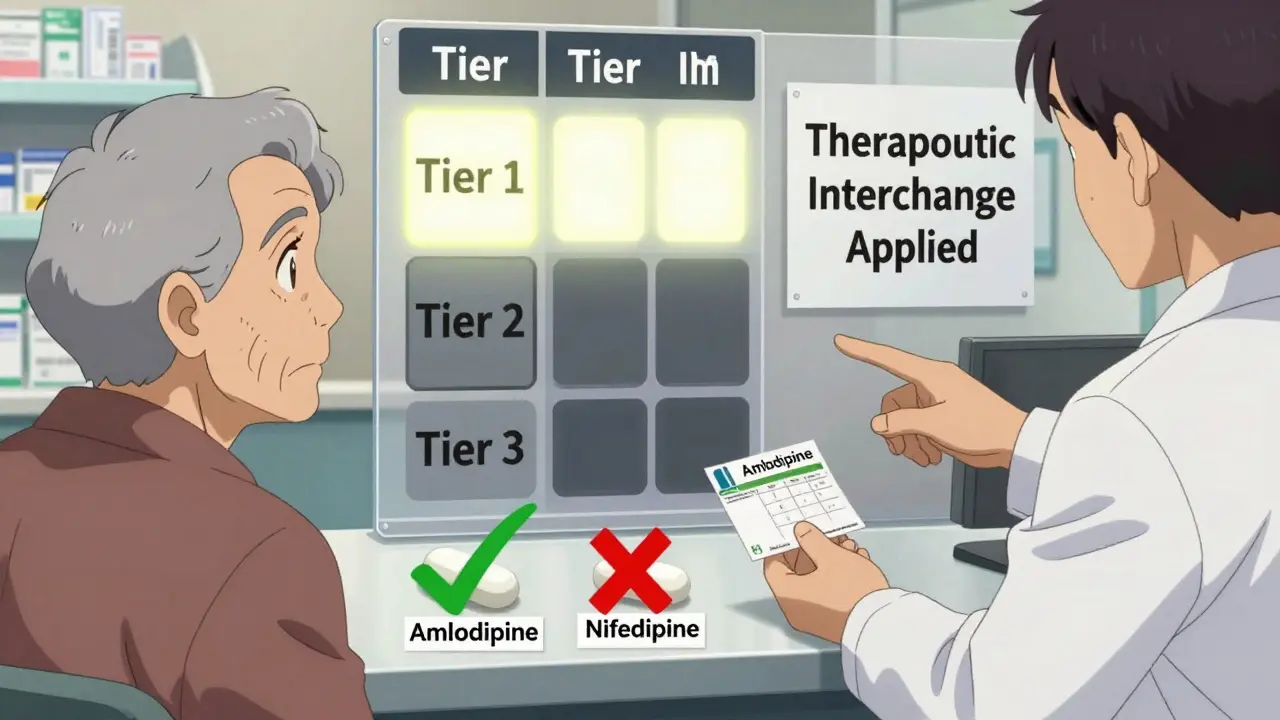 Pharmacist handing a prescription to an elderly patient, with two similar generics labeled differently on the counter.
