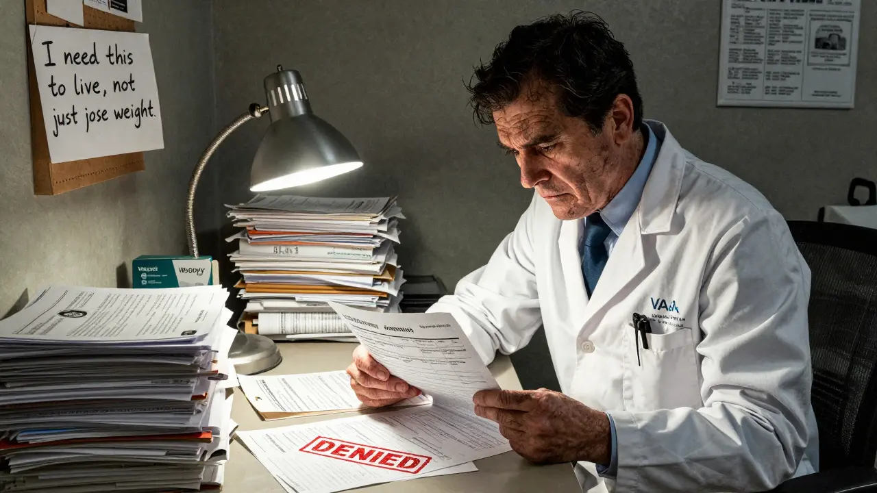 Pharmacist reviewing denied weight-loss drug authorization with medical charts