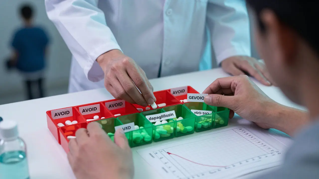 Pharmacist sorting medications into red 'avoid' and green 'safe' bins with medical chart nearby.