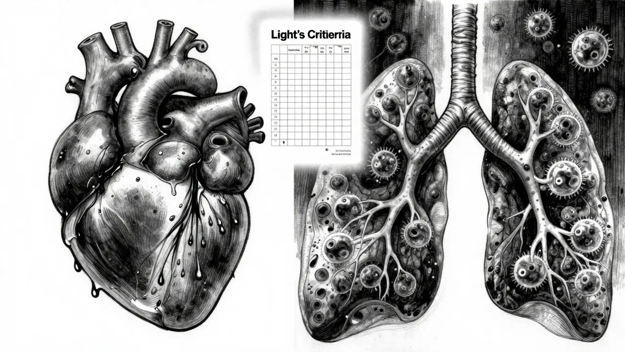 Split illustration showing failing heart leaking fluid and cancer spreading in lungs, with diagnostic chart floating between.