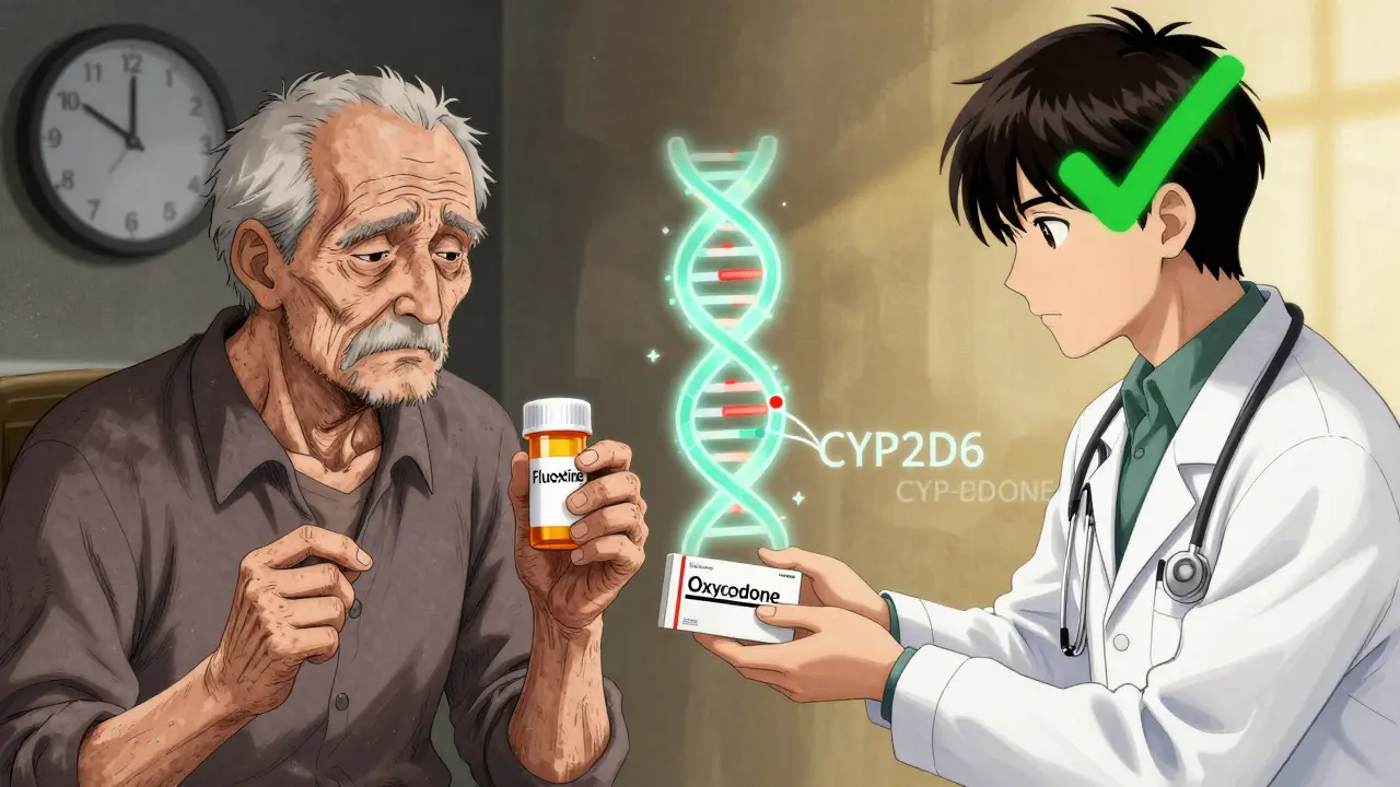 Split scene: elderly patient on fluoxetine vs. younger patient safely prescribed oxycodone, with genetic marker visible.