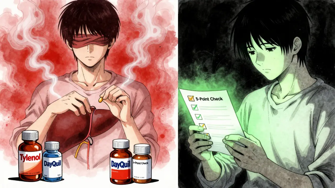 Split scene showing dangerous medication misuse versus safe label reading with symbolic liver damage and checklist.
