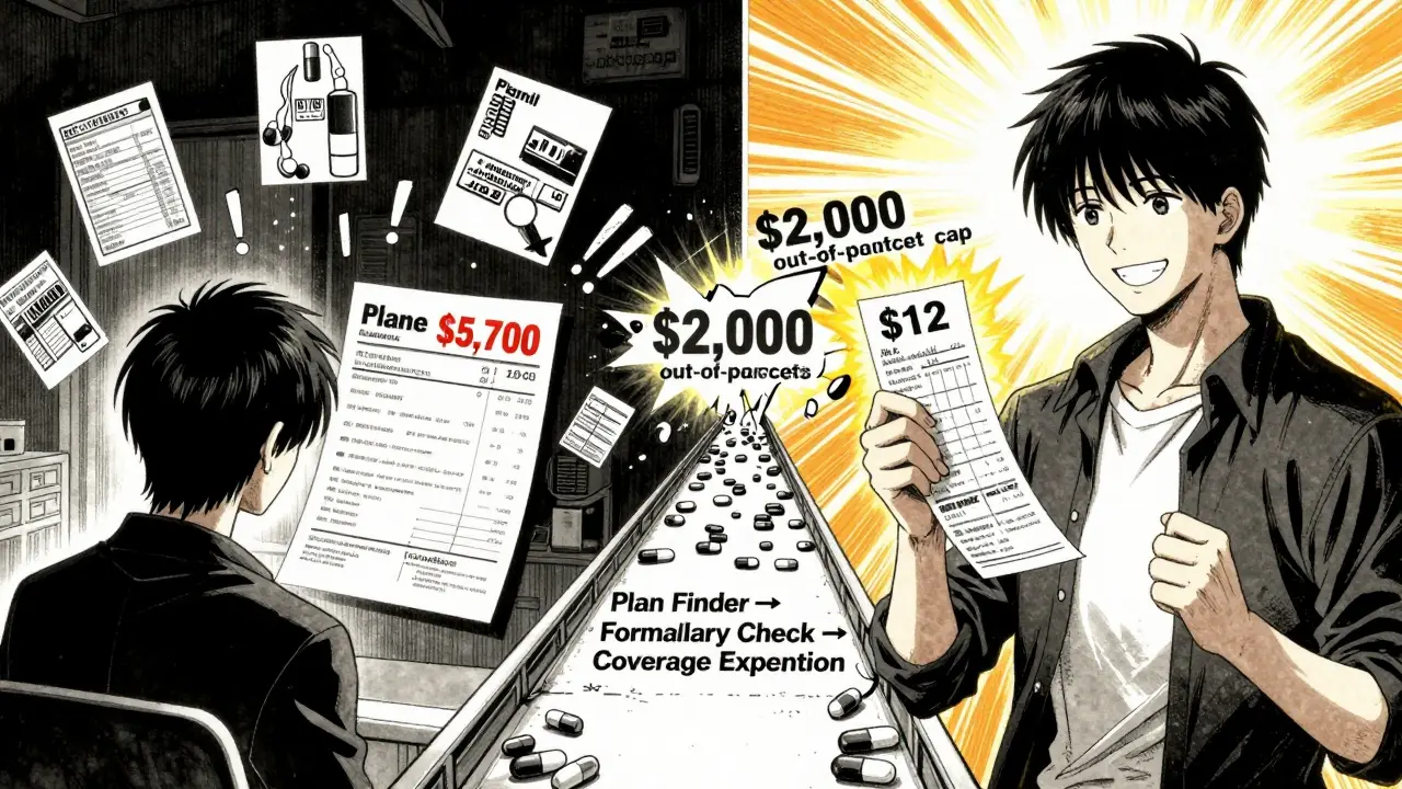 Split scene showing financial stress on one side and relief on the other, with generic pills forming a bridge between them.