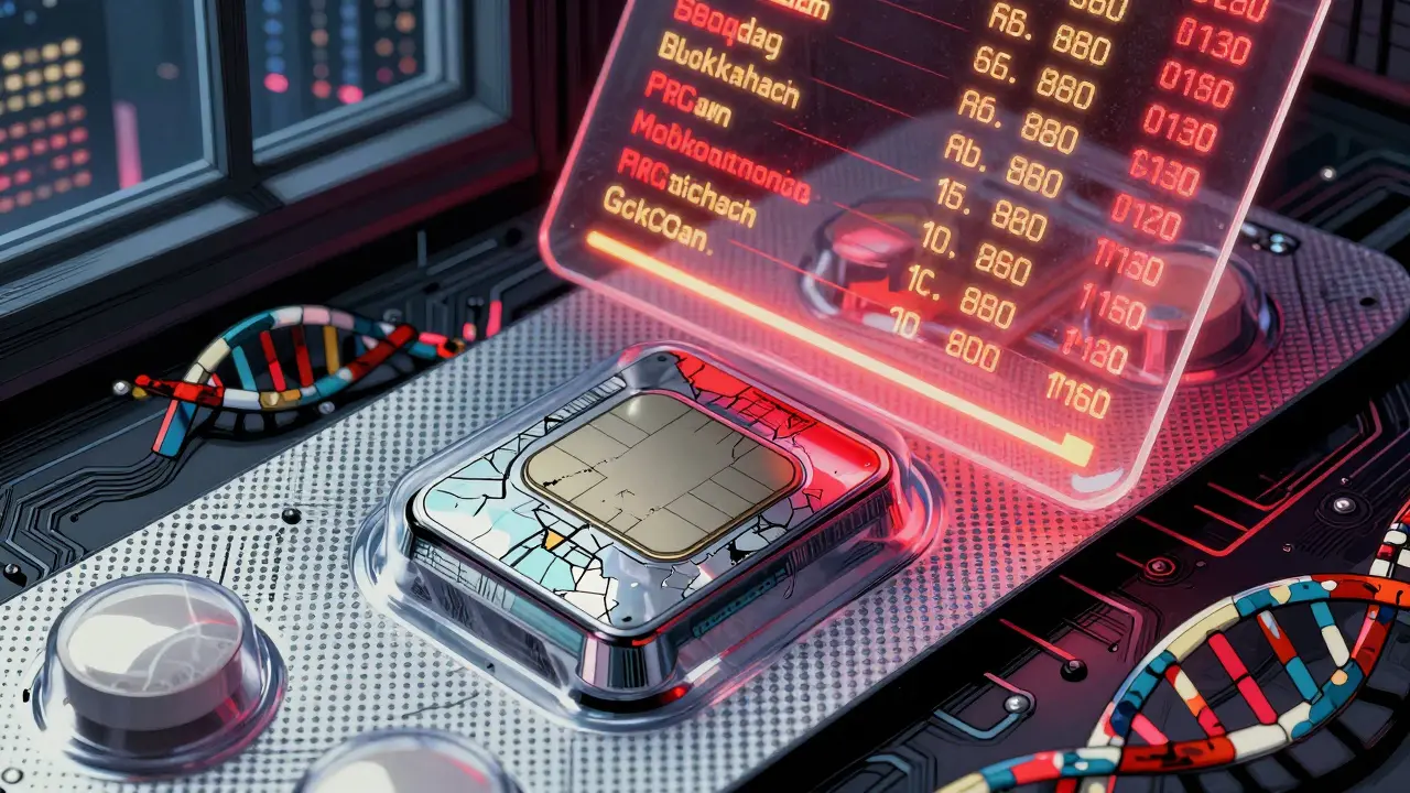 Tiny NFC chip on pill blister with glowing blockchain data and DNA strands beneath, detailed ink texture.