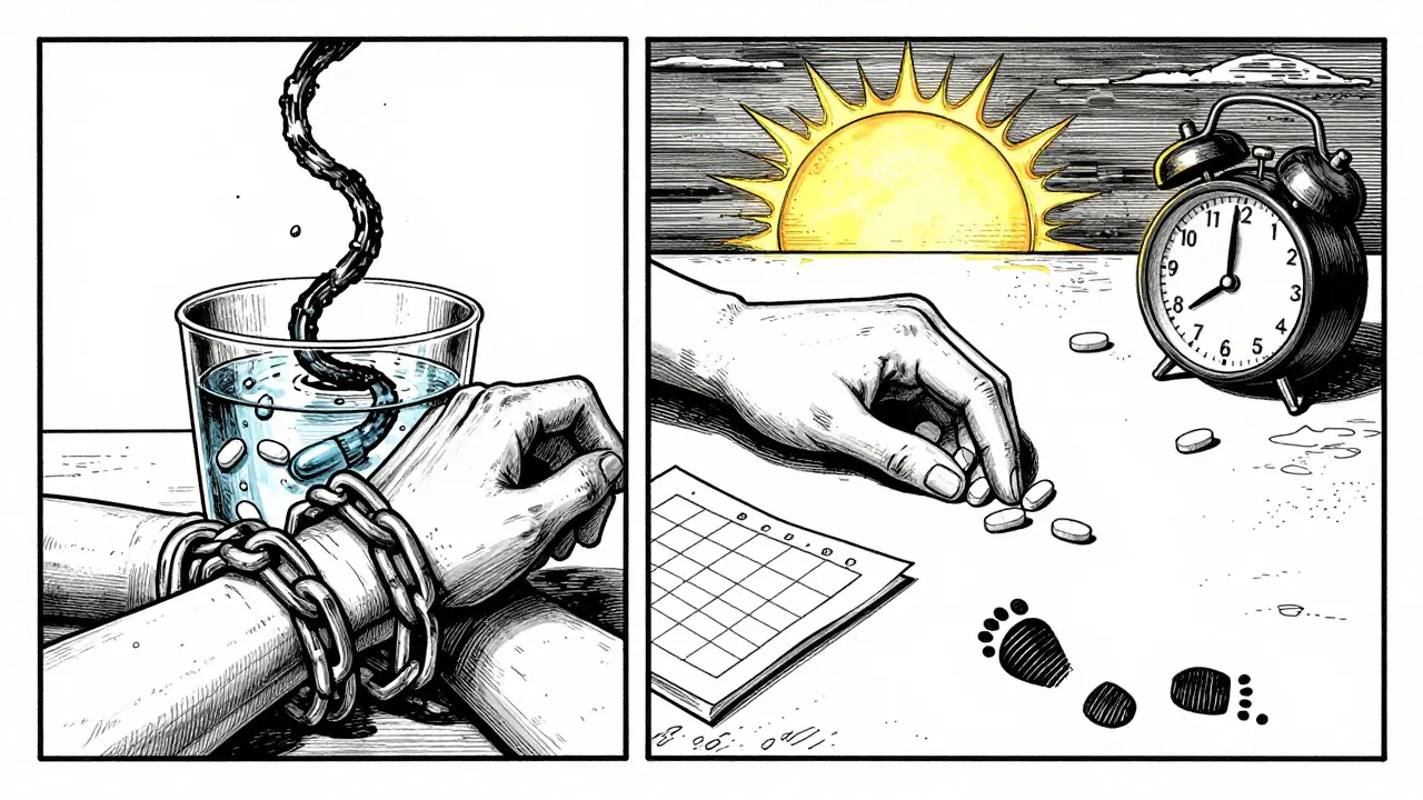 Two contrasting scenes: antidepressants causing chains vs. lithium and routine bringing calm, rendered in intense Gekiga ink style.