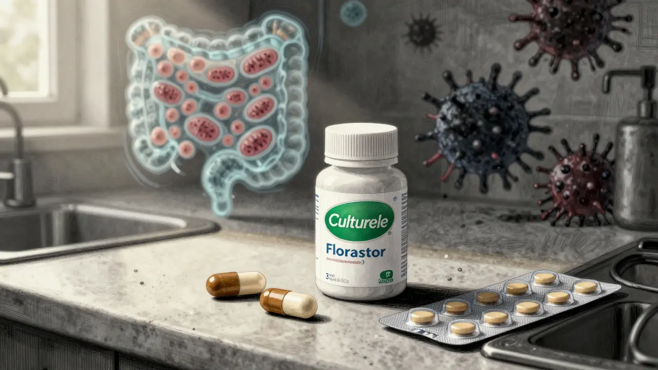 Two probiotic capsules beside antibiotic pills, with bacterial shields and pathogens in gritty charcoal tones.