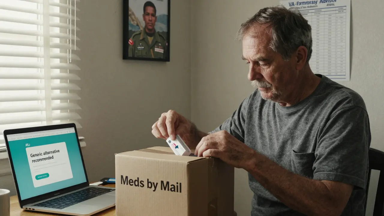 Veteran opening mail-order generics at home with VA formulary chart on wall