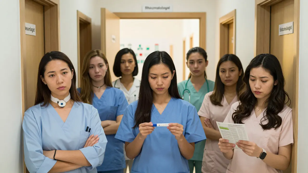 Women standing in hallway toward specialist doors, ready for preconception care.