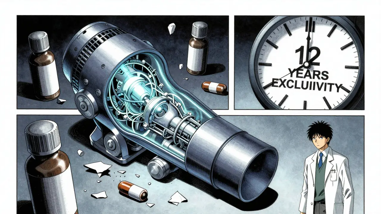 A complex inhaler device with shattered generic prototypes and a clock marking 12 years exclusivity.