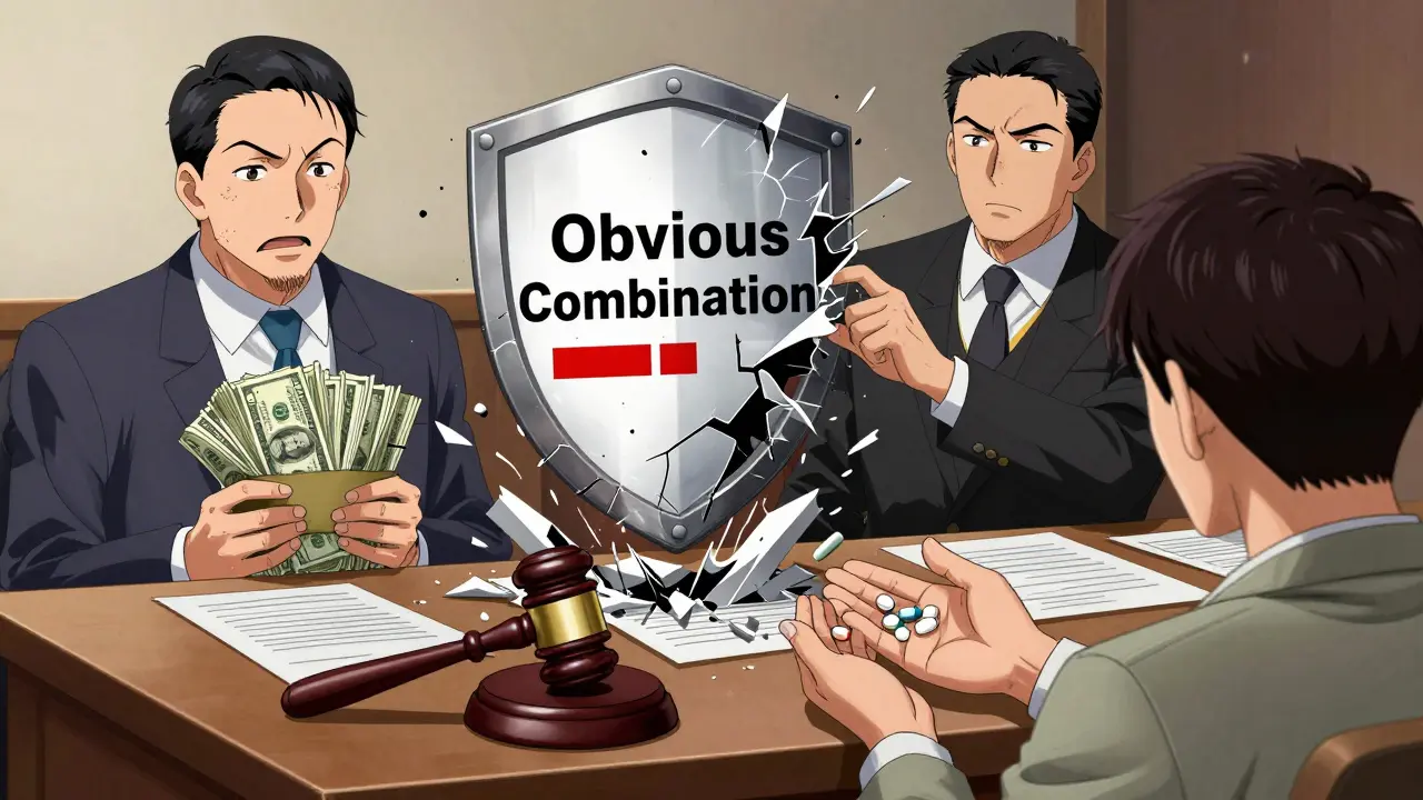 A courtroom battle between corporate profits and patient access, with a patent shield shattering under a judge's gavel.