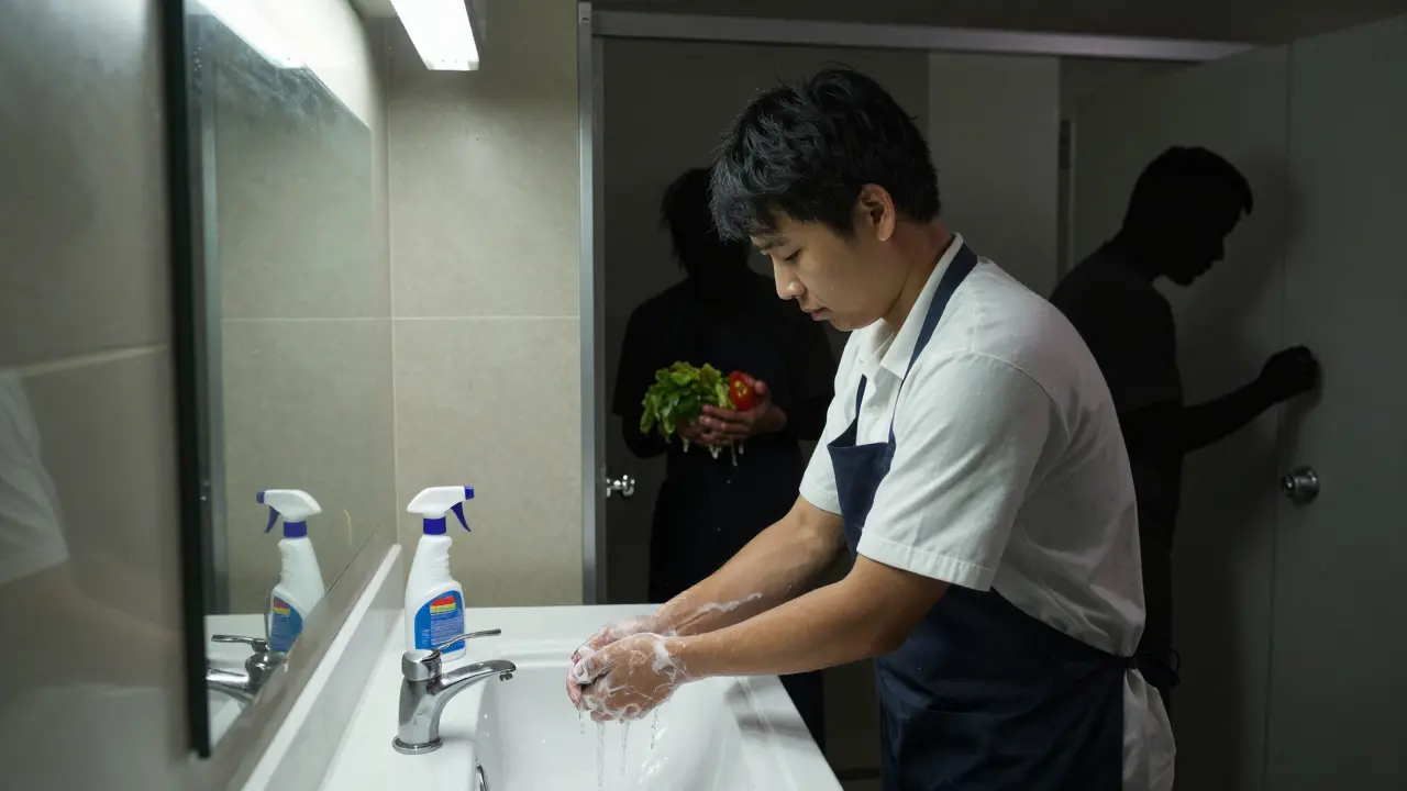 A food worker washing hands in a flickering restroom, bleach and soap visible, symbolizing prevention.