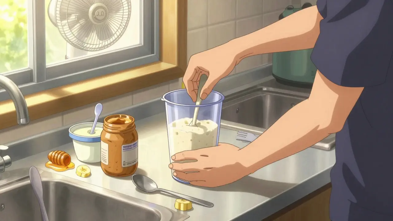 A patient blends a homemade protein shake with peanut butter and banana, plastic utensils beside discarded metal spoon.