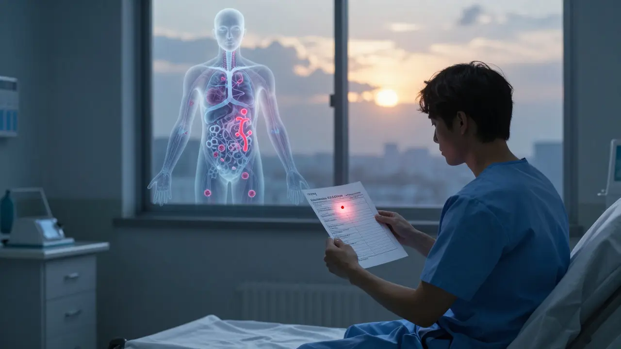 A patient reads a ctDNA report at dawn, with transparent images of shrinking tumors behind them.