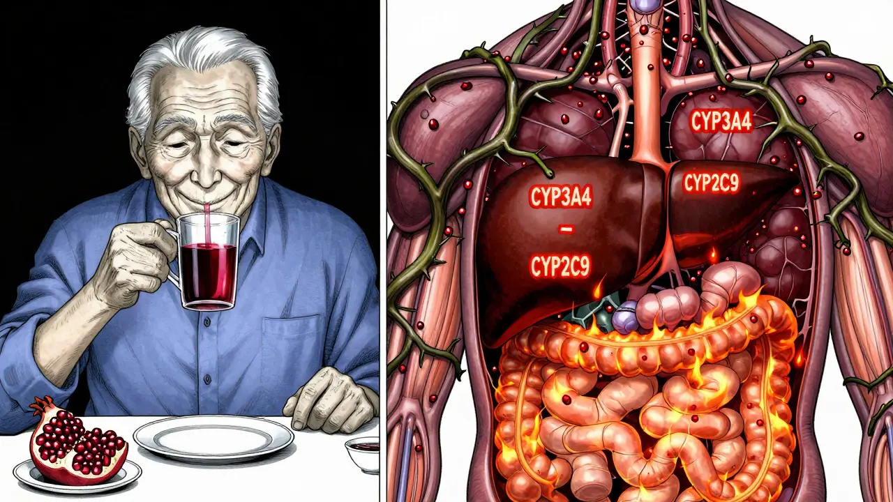 A person drinking juice on one side, their internal enzymes blocked by pomegranate vines on the other.