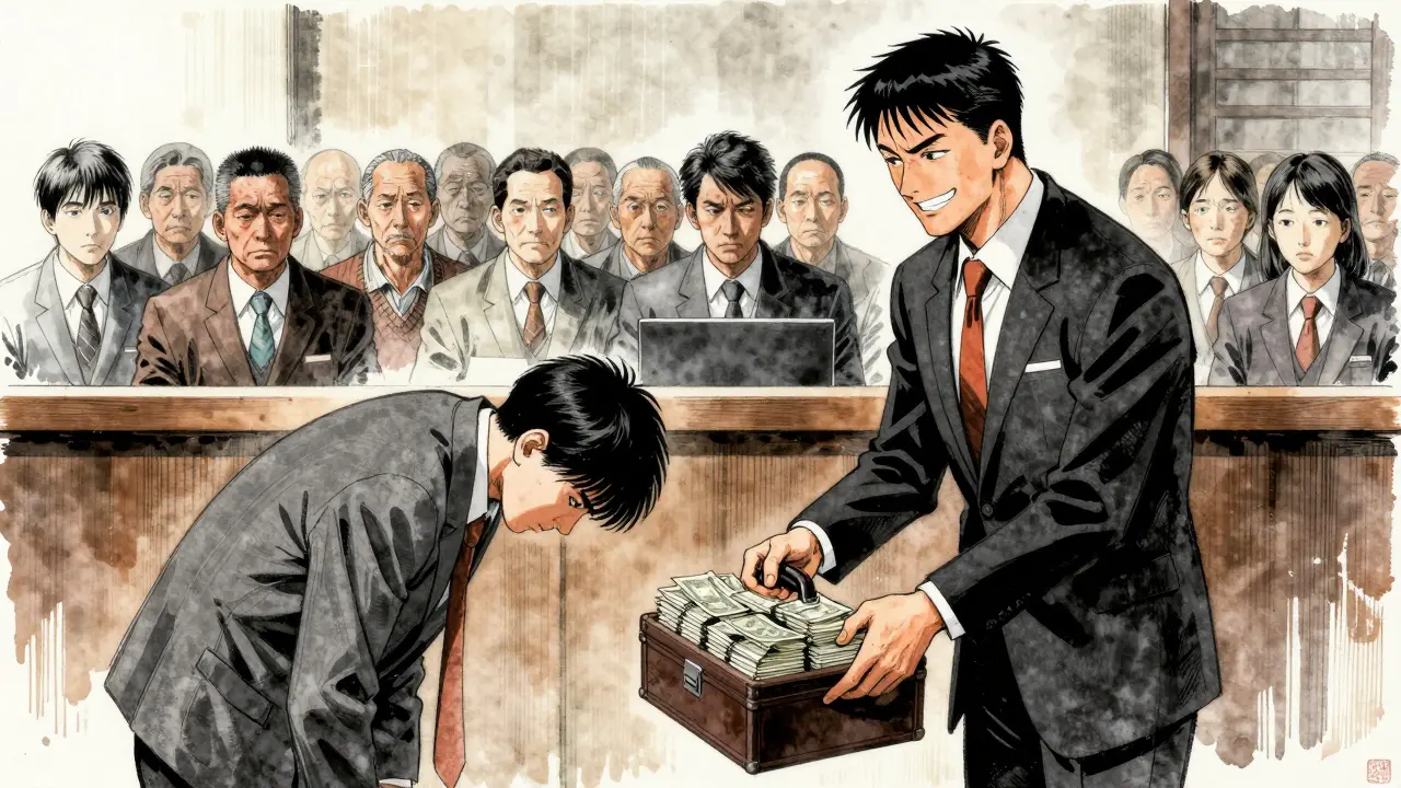 A pharmaceutical executive pays a generic maker to delay production in a courtroom scene.