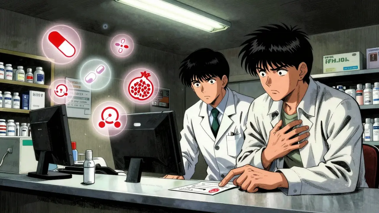 A pharmacist warning a patient about pomegranate juice interacting with their medications at the pharmacy counter.