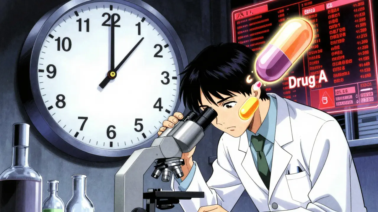 A scientist examines a pill splitting into two drugs, with a countdown clock and clinical data flickering in the background.
