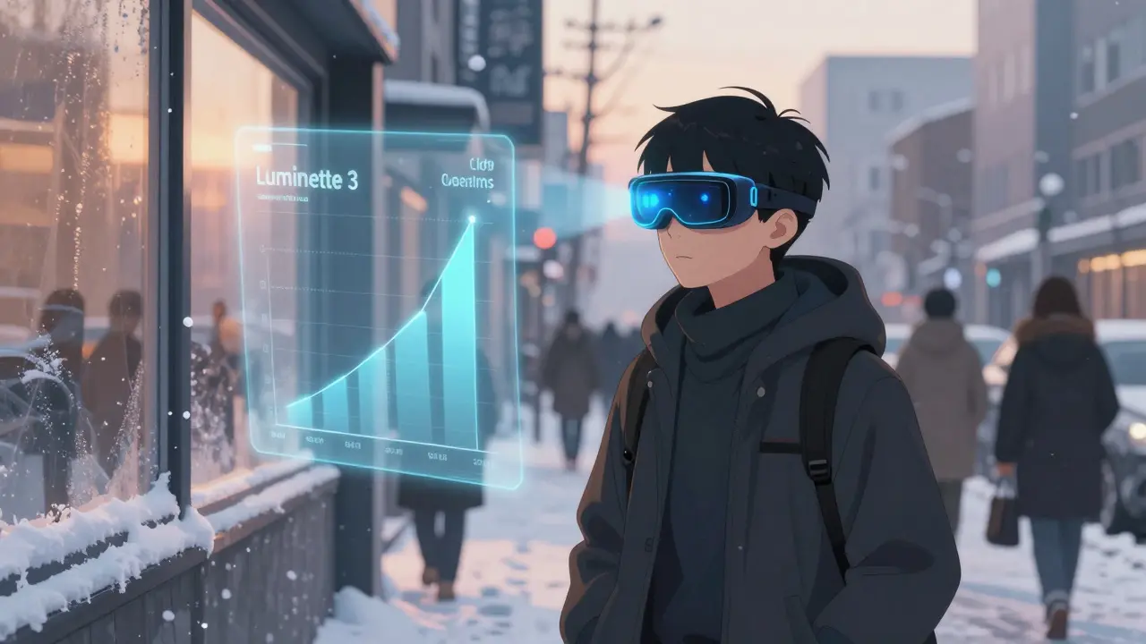 A teen walks through a snowy city wearing light therapy glasses, with a subtle digital overlay showing mood chemicals improving.