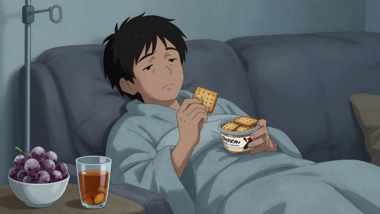 A tired patient rests on a couch, holding crackers and ginger tea, frozen grapes nearby, IV pole faintly visible.