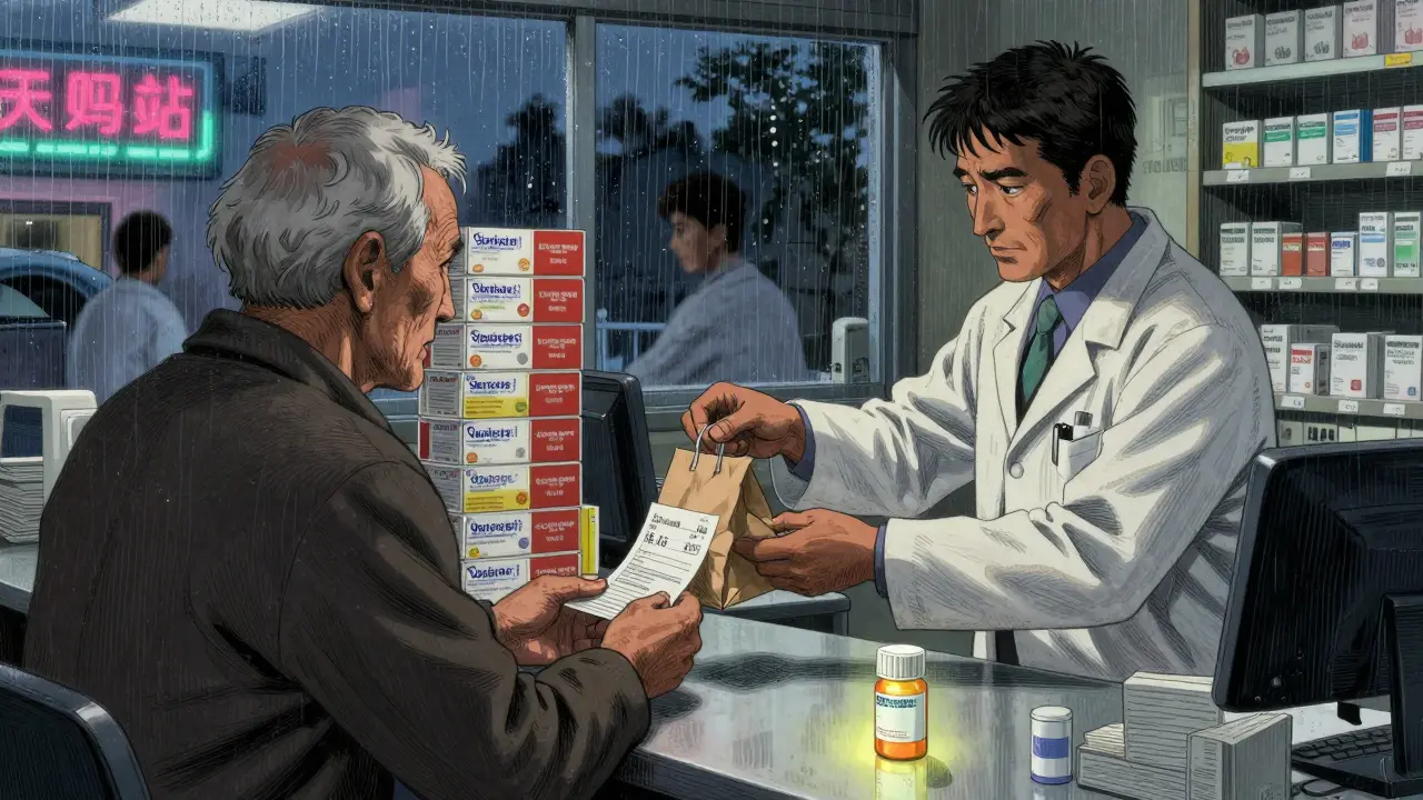 An elderly man receiving a generic prescription at a pharmacy, with a .16 receipt under soft evening light.
