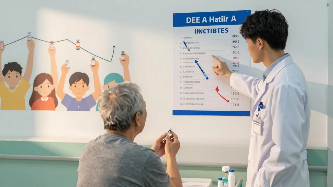 An elderly patient receiving a hepatitis A vaccine as a chart shows declining cases, representing community protection.