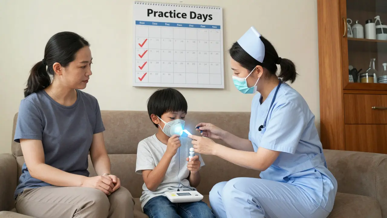 Child using inhaler with spacer under nurse's guidance, family watching with relief.