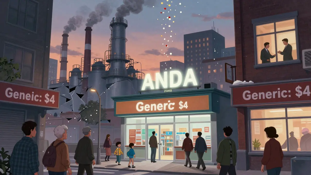 Cityscape with falling pills and glowing ANDA number above a pharmacy, symbolizing affordable medicine access.
