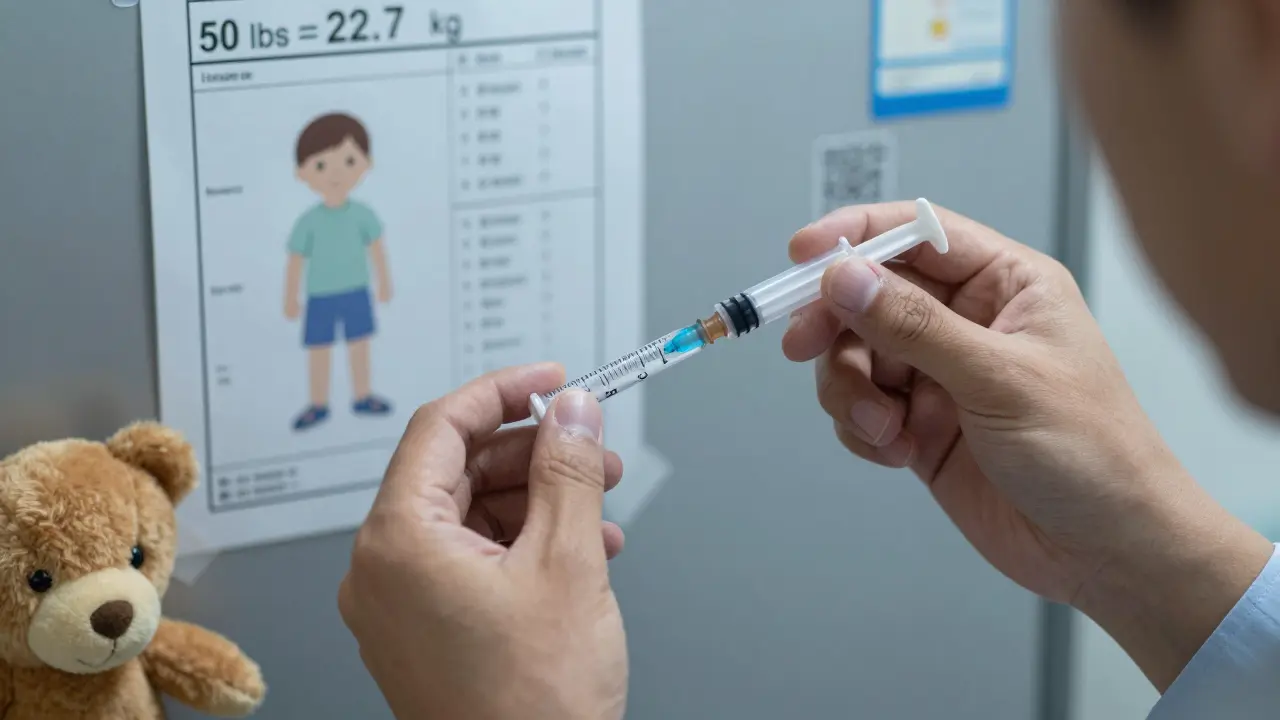 Father measures exact dose of liquid medicine with syringe, child's weight chart visible in background.